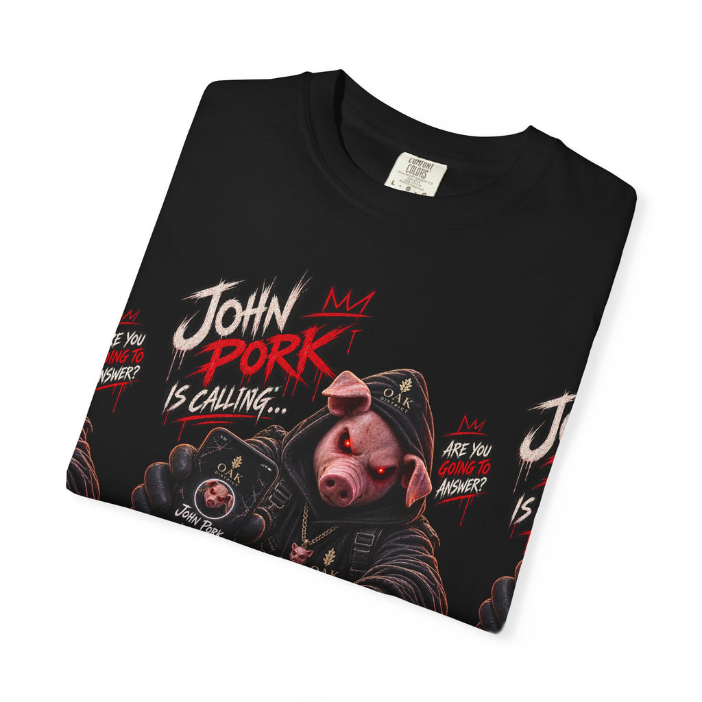 John Pork Is Calling oak District Graphic T-Shirt — Edgy Biker Pig Streetwear
