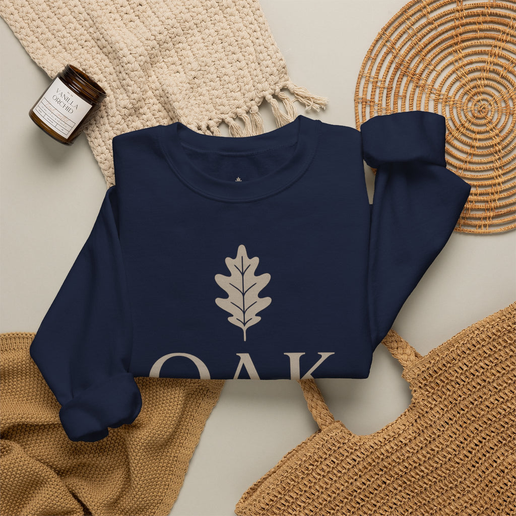 Oak District Crewneck Sweatshirt — Minimal Oak Leaf Logo Pullover