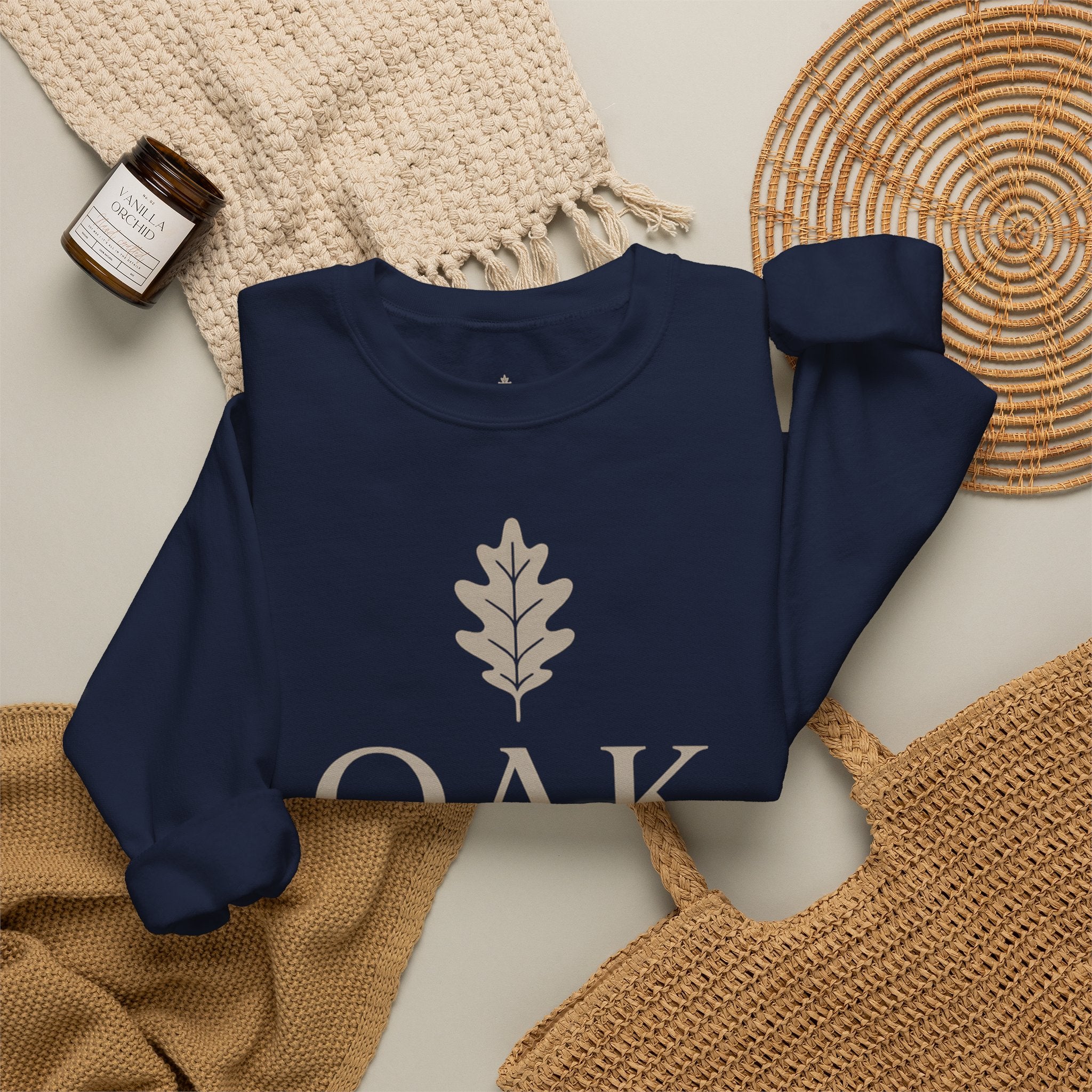 Oak District Crewneck Sweatshirt — Minimal Oak Leaf Logo Pullover