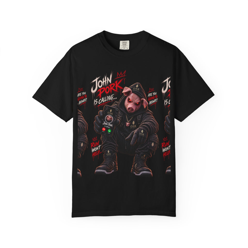 John Pork Is Calling oak District Graphic T-Shirt — Edgy Biker Pig Streetwear