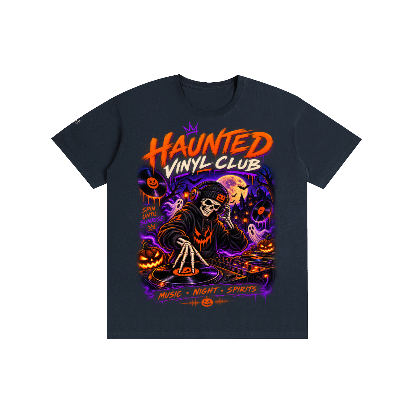Oak District Haunted Vinyl Club Unisex Halloween T-Shirt - Skeleton DJ Graphic Tee