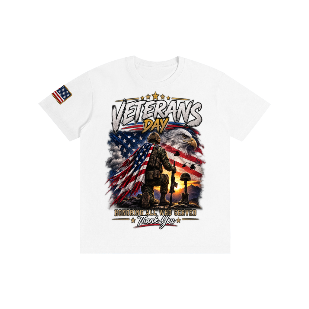 Oak District Veterans Day “Honoring All Who Served” Unisex T-Shirt – American Eagle & Flag Patriotic Graphic Tee