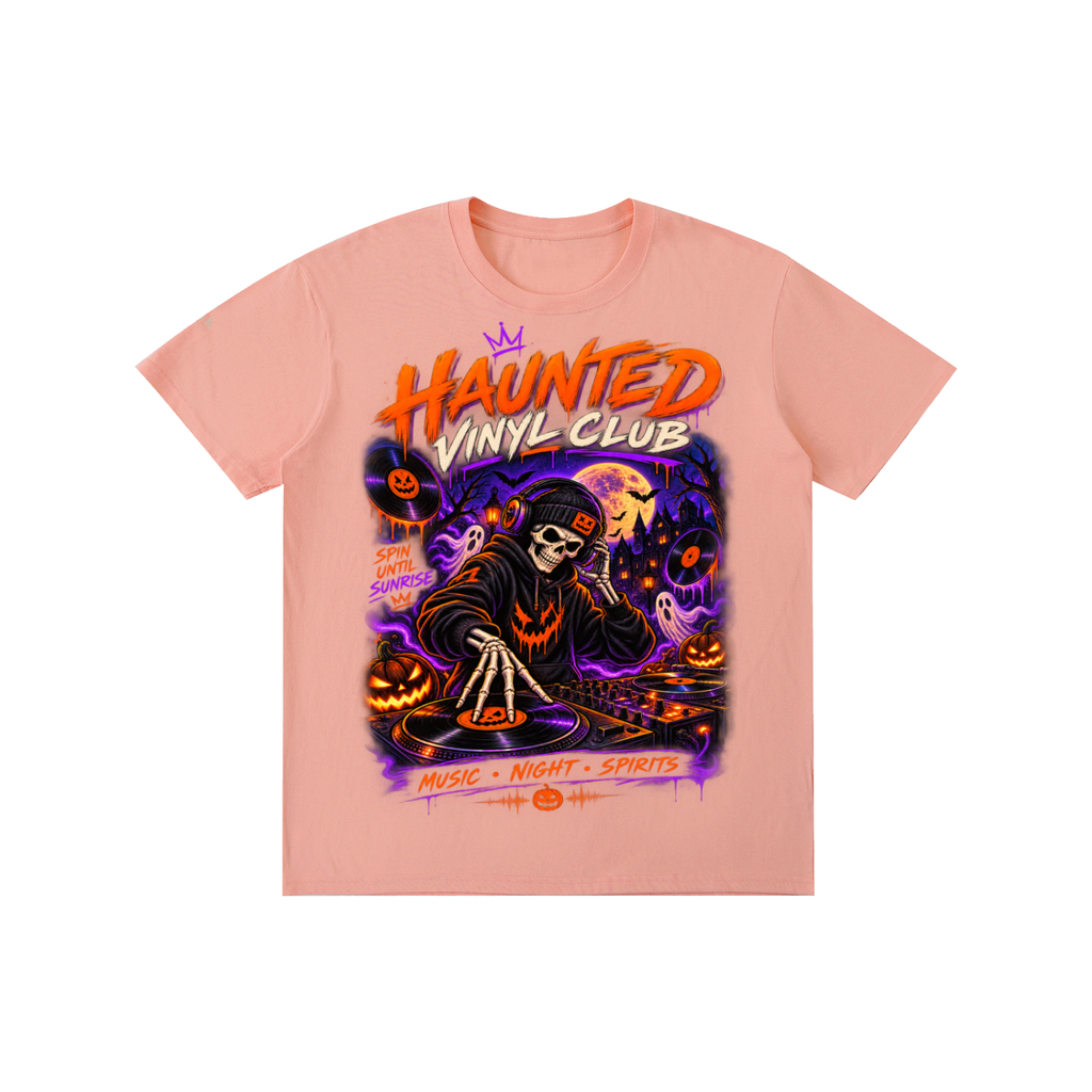 Oak District Haunted Vinyl Club Unisex Halloween T-Shirt - Skeleton DJ Graphic Tee