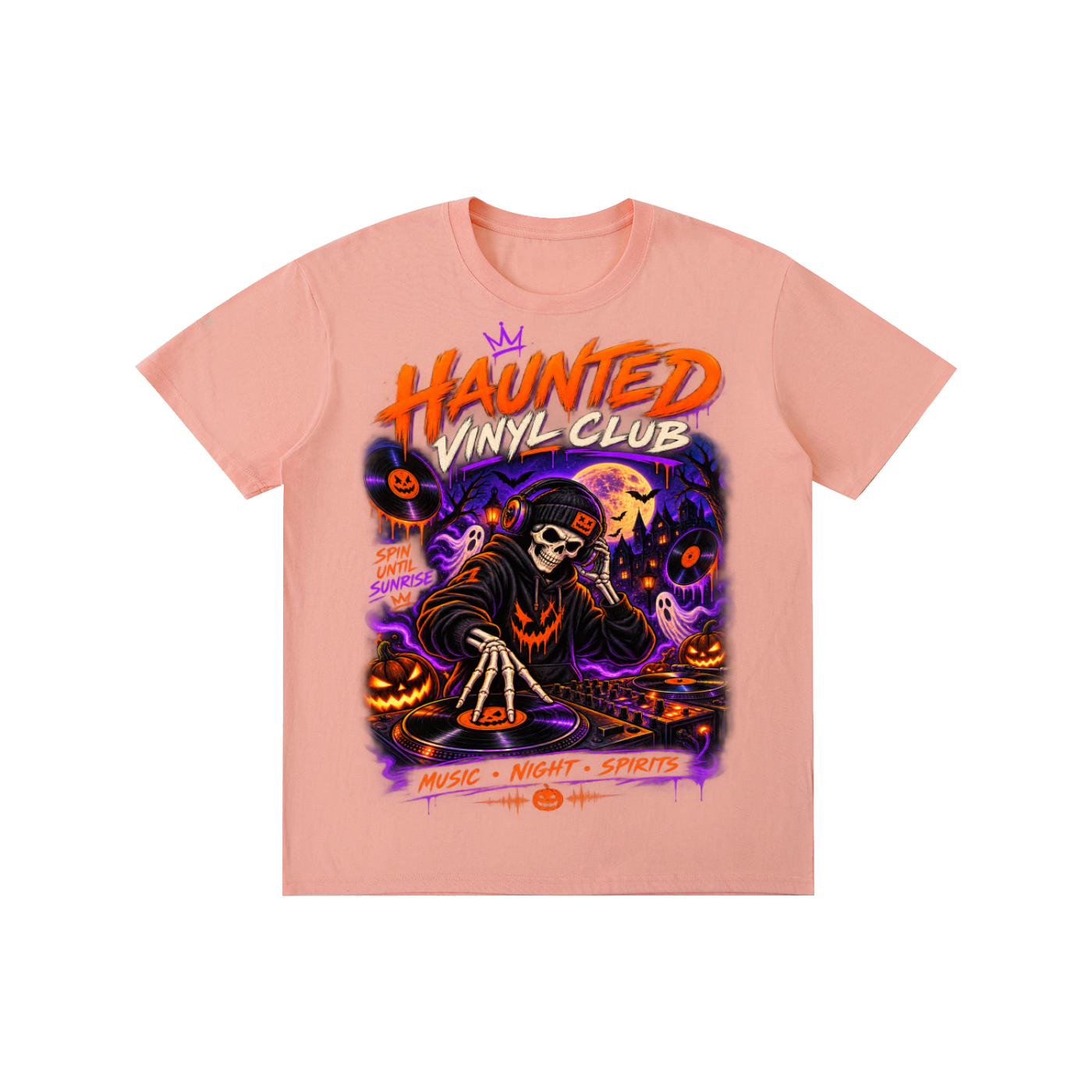 Oak District Haunted Vinyl Club Unisex Halloween T-Shirt - Skeleton DJ Graphic Tee