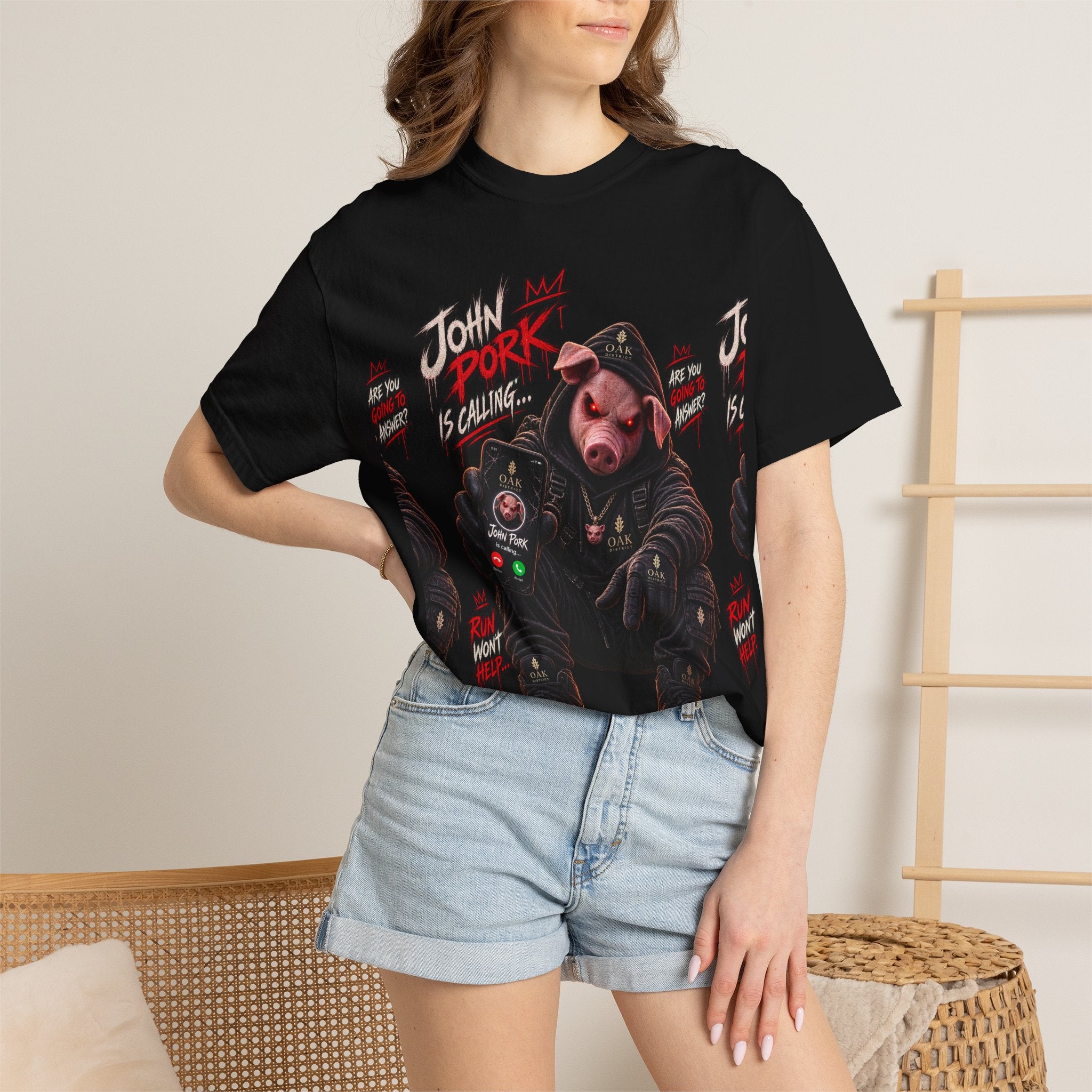 John Pork Is Calling oak District Graphic T-Shirt — Edgy Biker Pig Streetwear