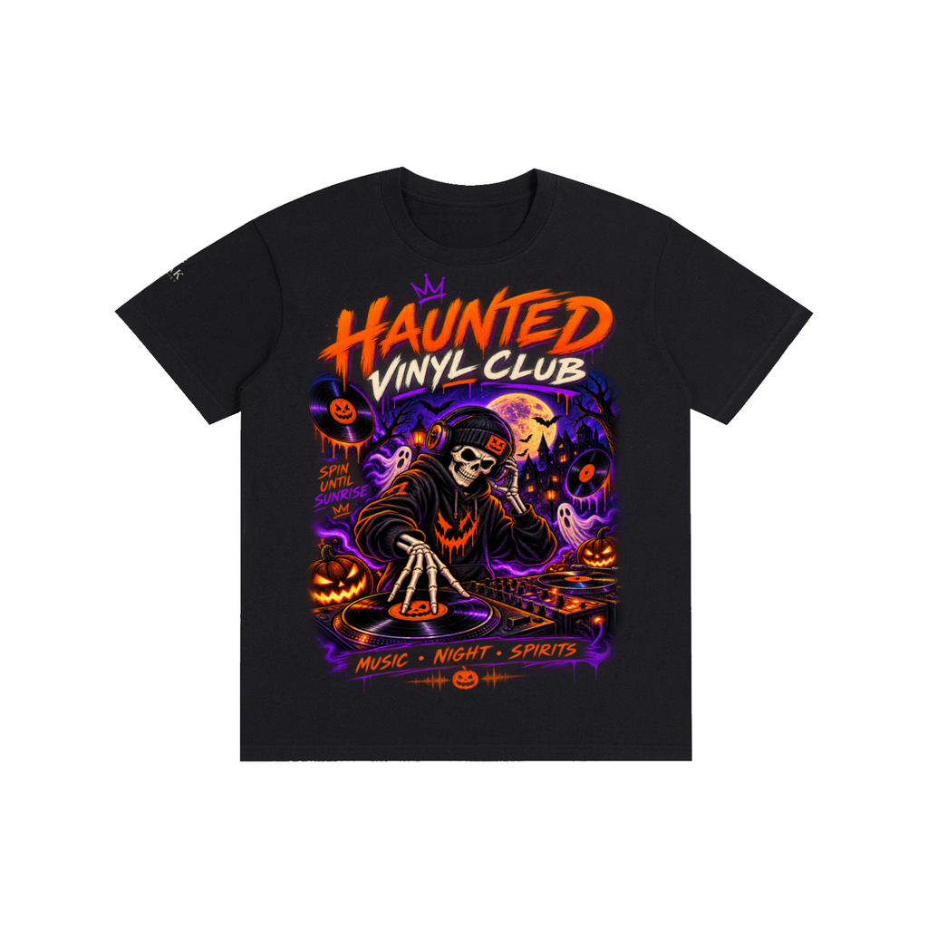 Oak District Haunted Vinyl Club Unisex Halloween T-Shirt - Skeleton DJ Graphic Tee