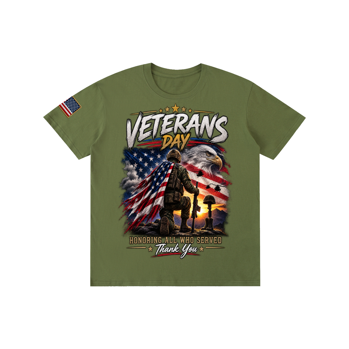 Oak District Veterans Day “Honoring All Who Served” Unisex T-Shirt – American Eagle & Flag Patriotic Graphic Tee